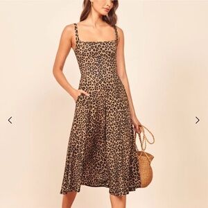 Reformation Leopard Print Midi Dress in Tan and Black